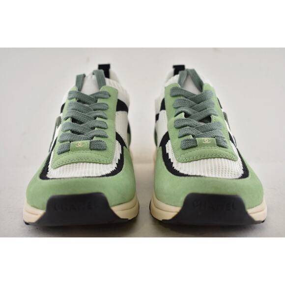 Chanel 22C Mens Green White Black Suede Knit CC Logo Low Trainer Sneaker 44 11 - Picture 7 of 13